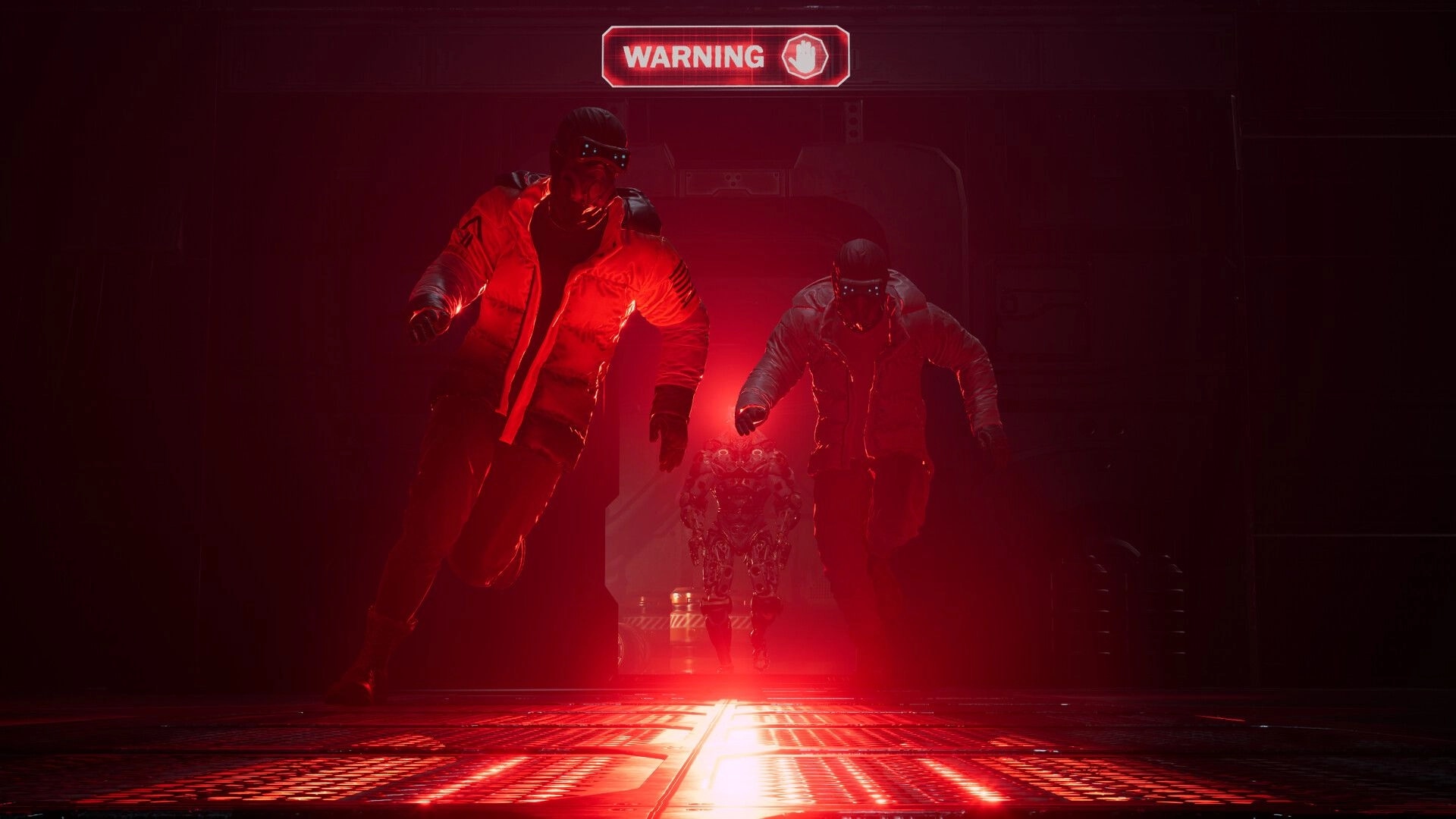 Byte Breach: Two masked hackers sprint from a red-lit doorway as a robot pursues in a corridor.
