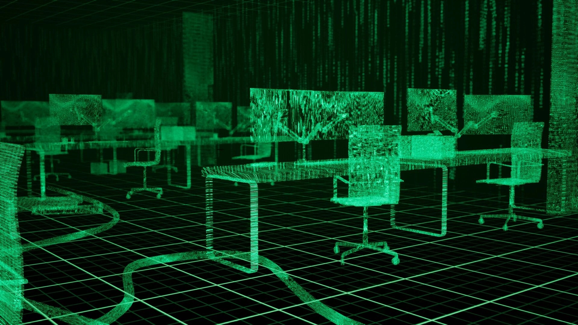 Byte Breach: Green wireframe office desks and monitors in a virtual grid room with falling code rain.