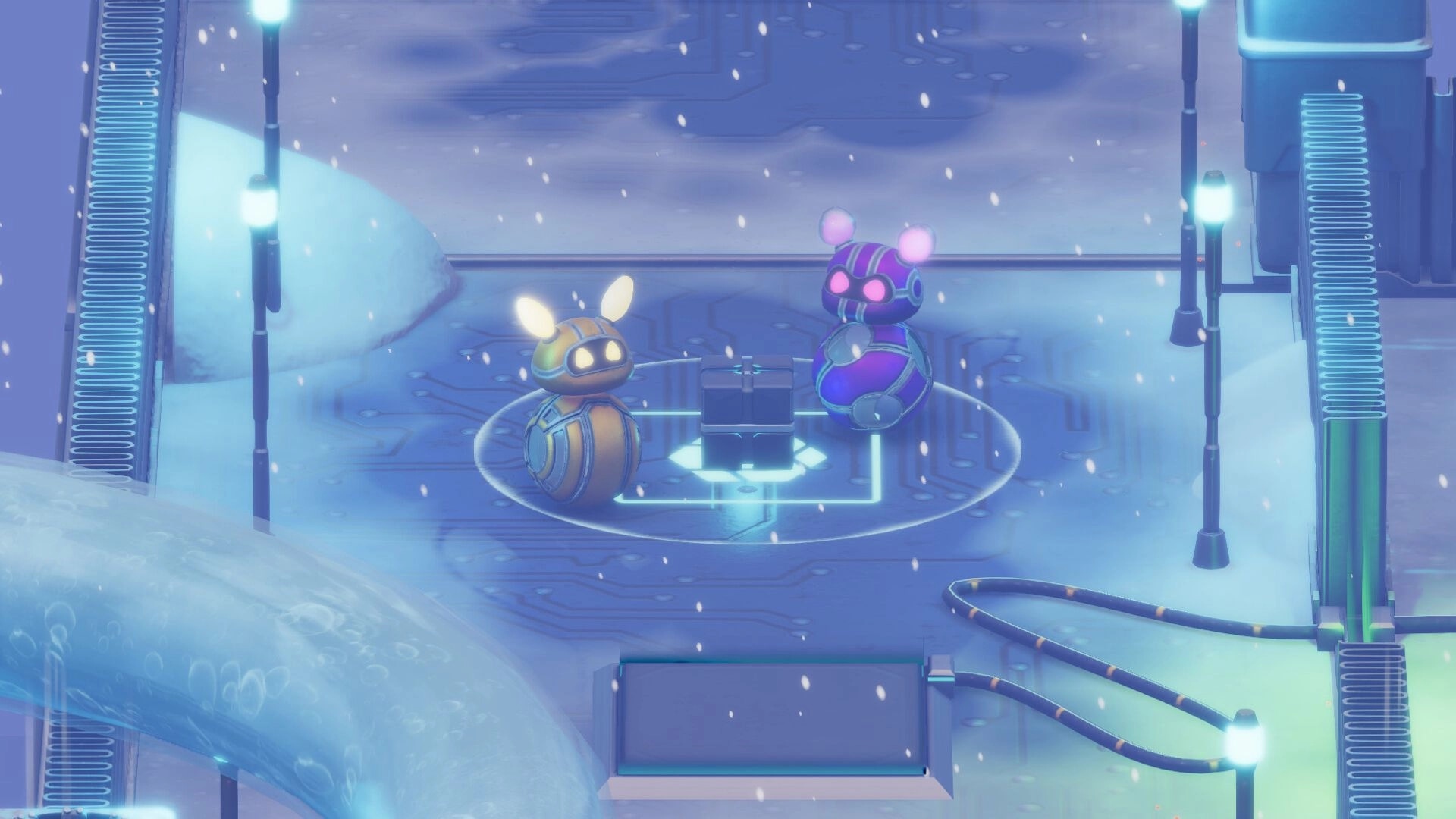 Bytebond: Two robot avatars interact with a black box in a snowy, circuit-themed environment
