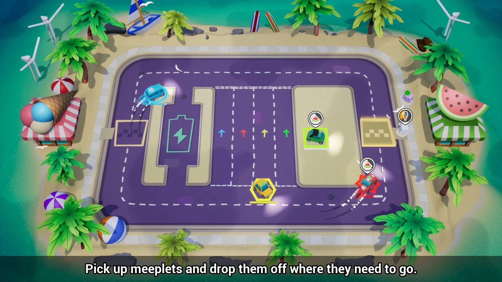 Cabbie!: Overhead view of colorful cars racing on a beachside track with palm trees and ice cream shop.