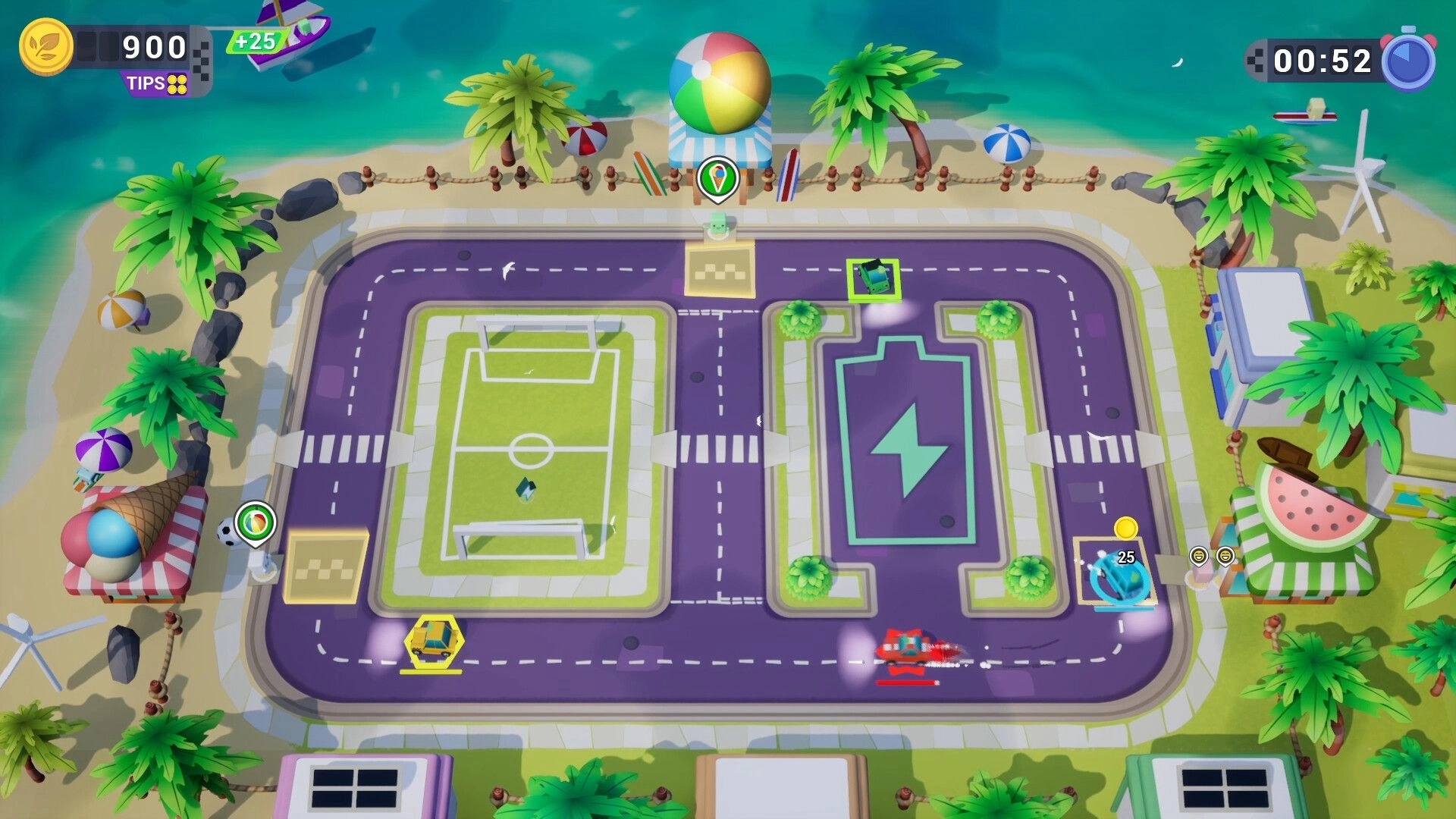 Cabbie!: Top-down view of beachside racetrack with three colorful cars racing around a soccer field.