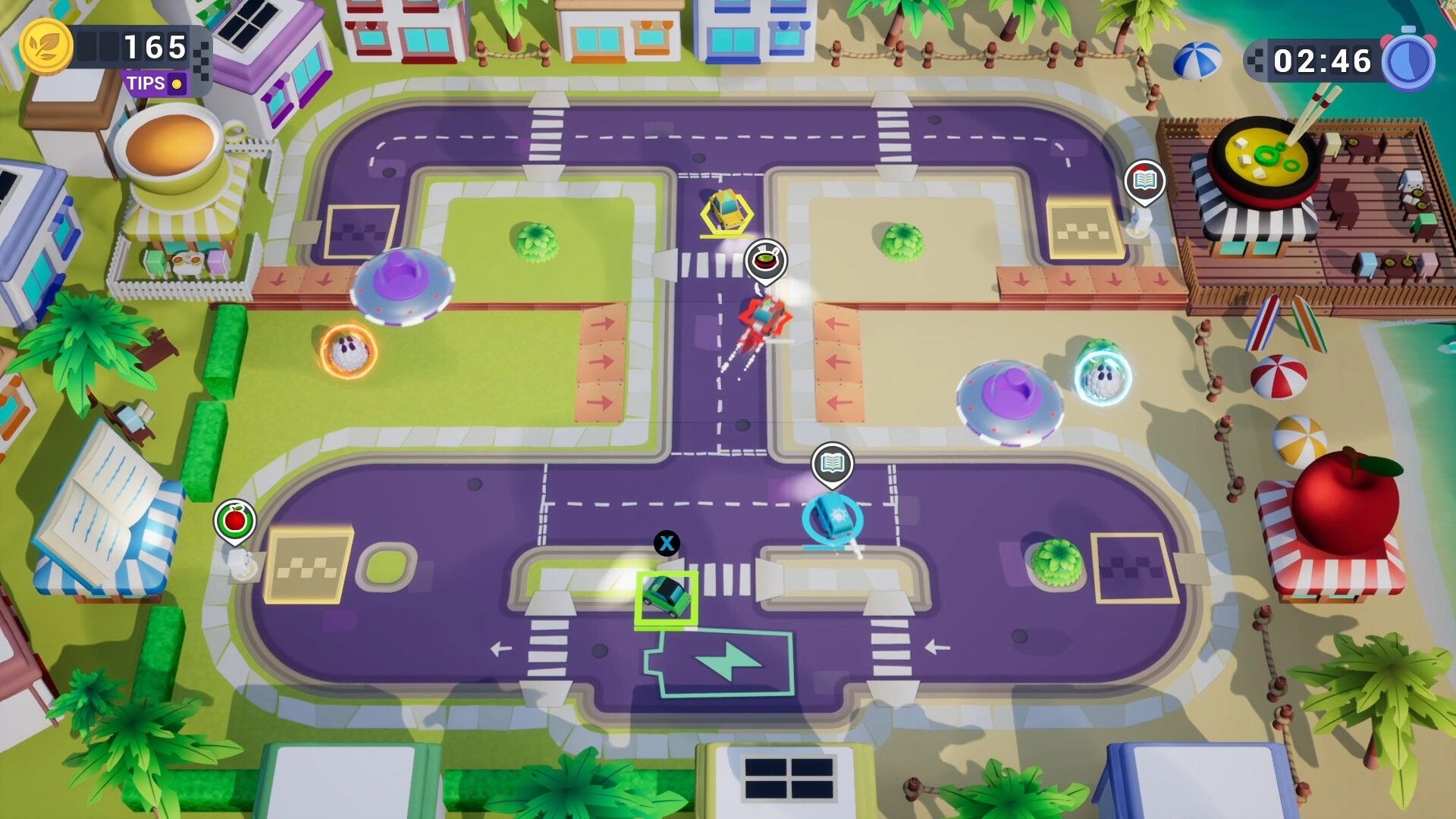 Cabbie!: Top-down view of vibrant city map with cars racing, UFO obstacles, and timer at 02:46.