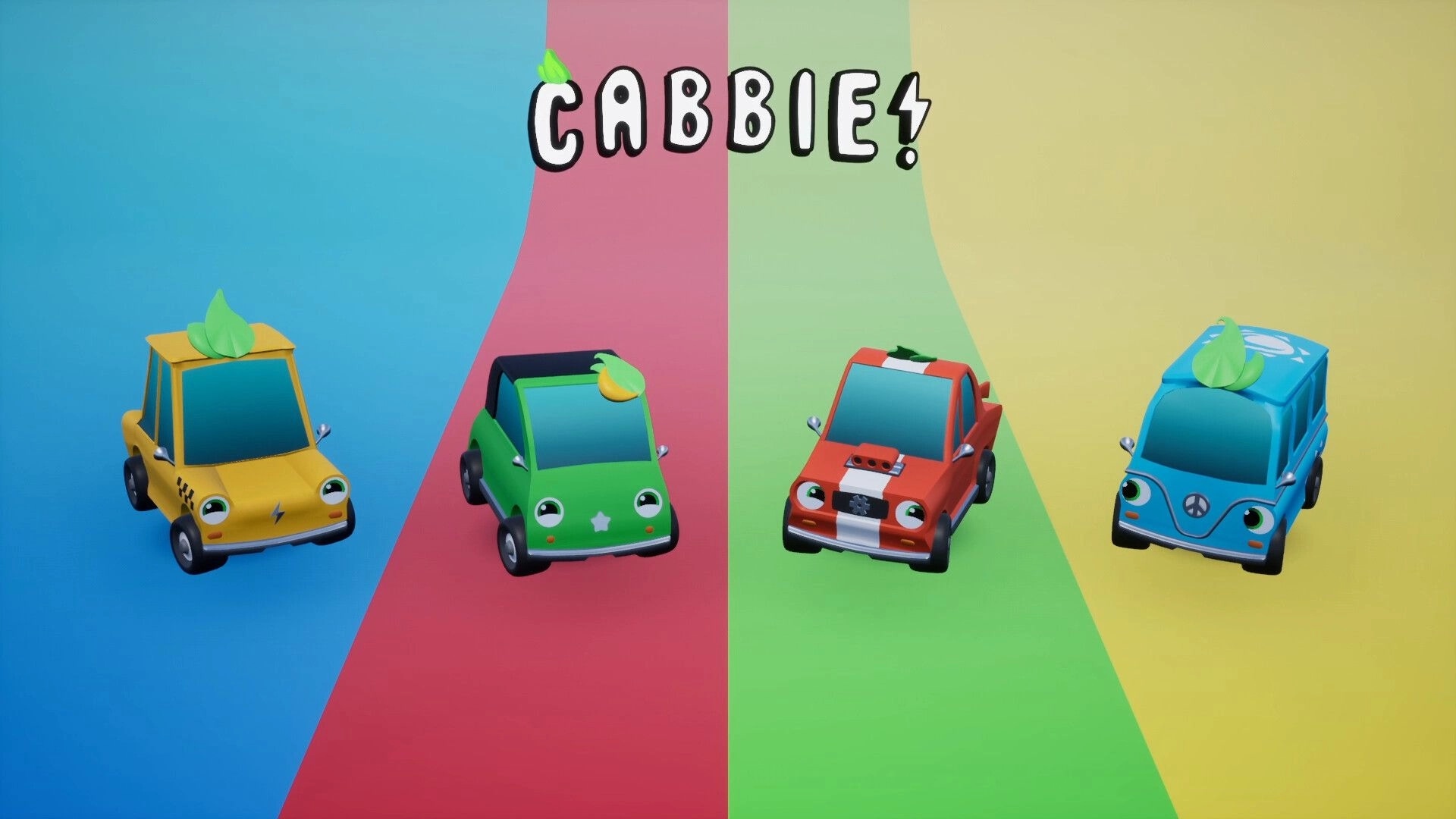 Cabbie!: Four colorful cartoon cars with distinct designs on a divided multicolor background