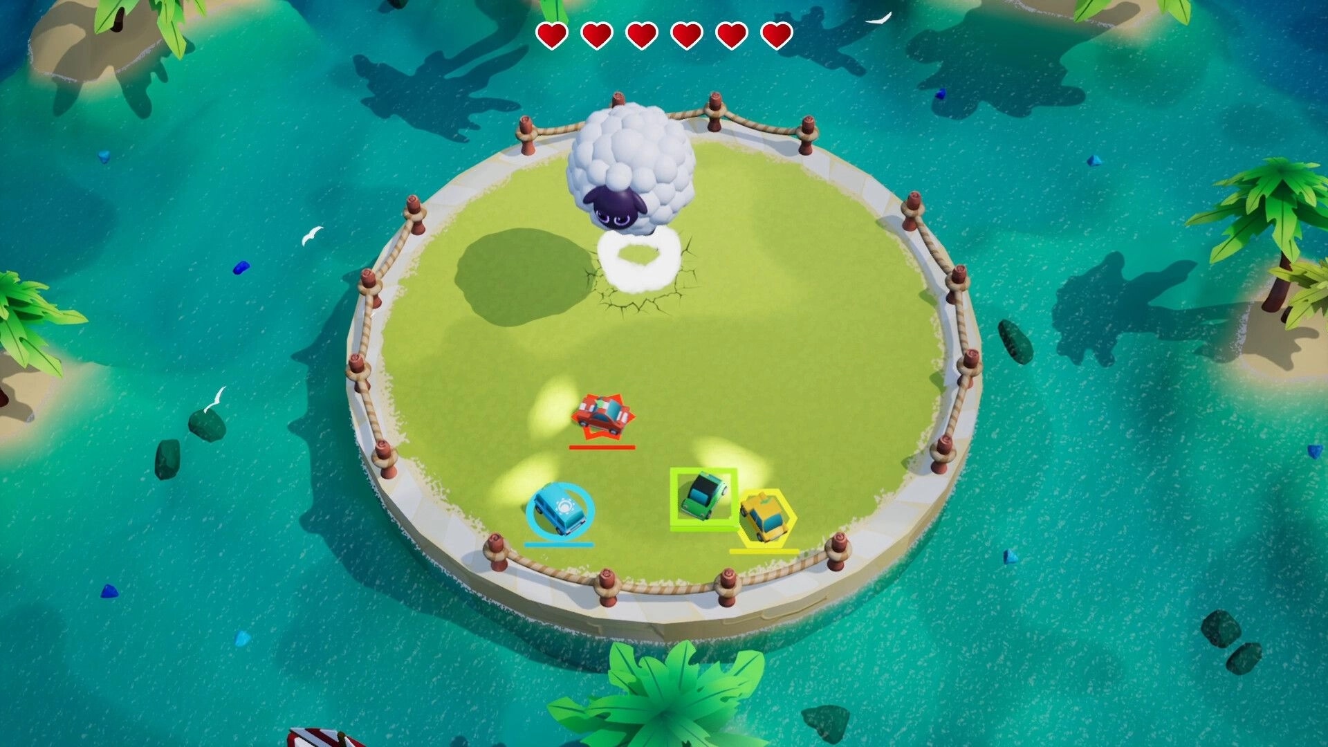 Cabbie!: Four cars face a giant sheep boss in a circular arena surrounded by water and palm trees.