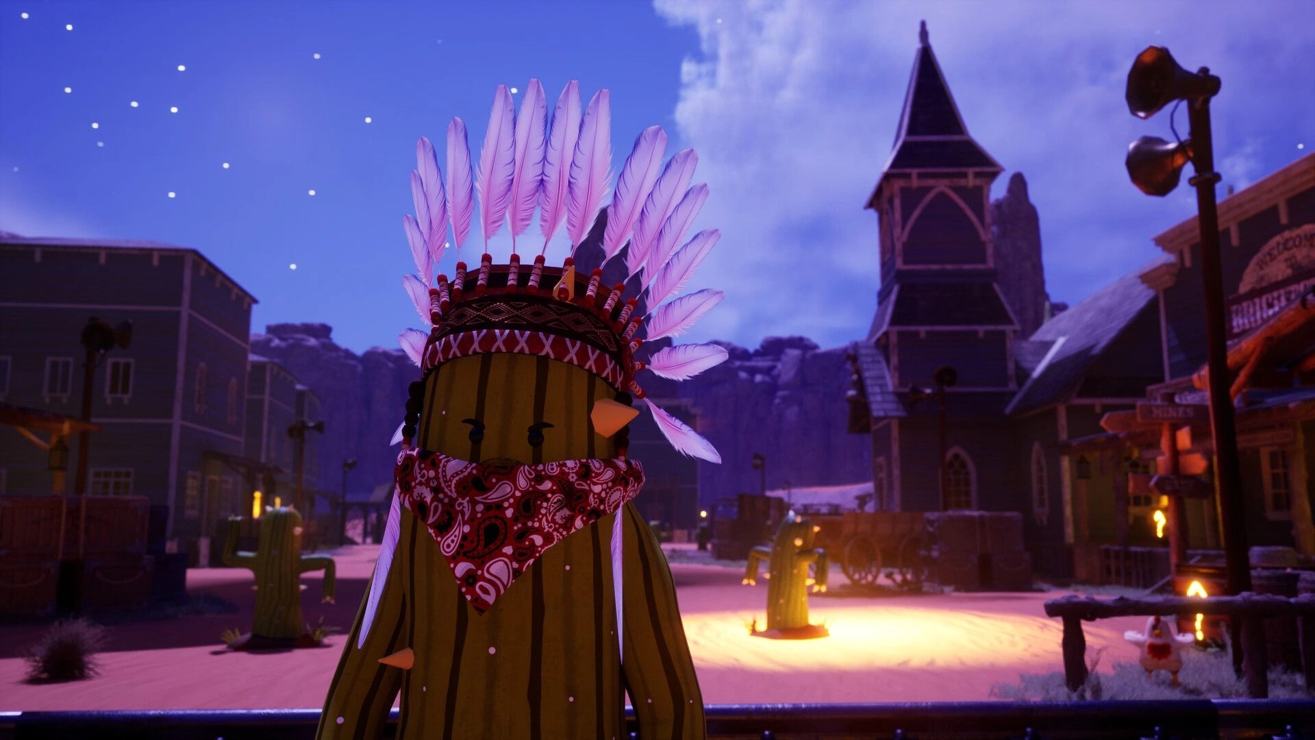 CactusBandido: Cactus bandit with feathered headdress in nighttime desert town with saloons and streetlights