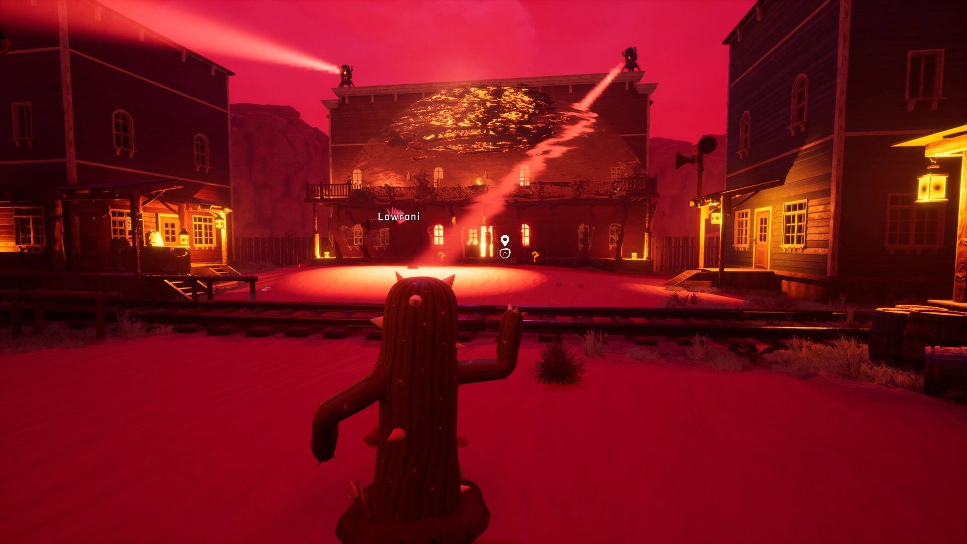 CactusBandido: Cactus bandit approaching a bank under red sky with spotlights in a deserted town setting