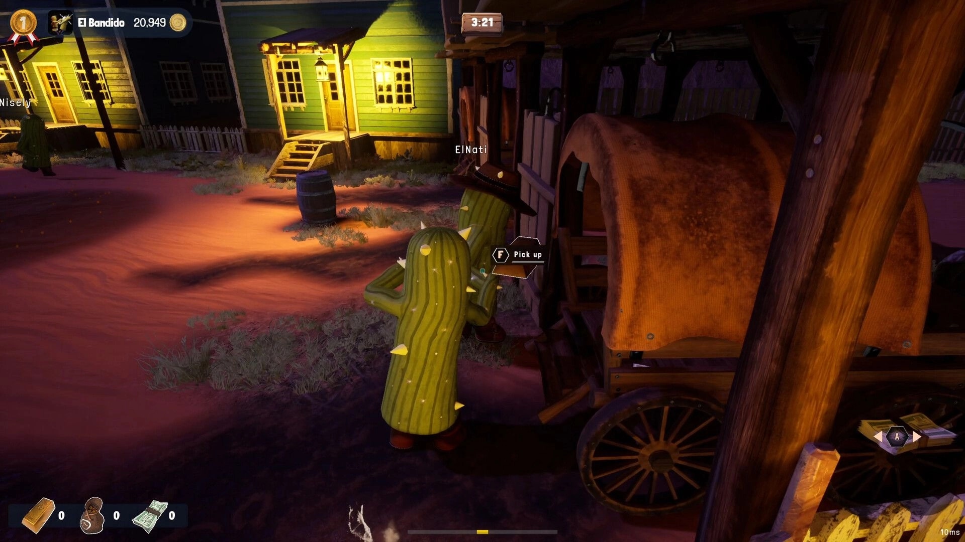 CactusBandido: Cactus bandits El Nati and Niselly near a wagon in a desert town at night, ready to loot.