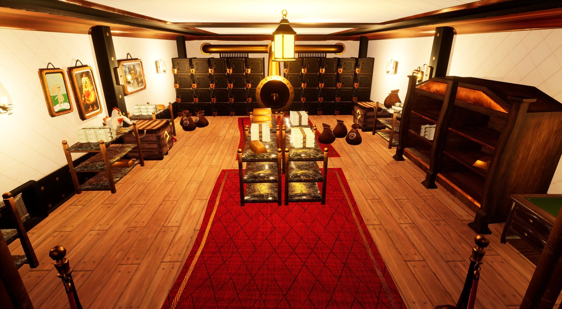 CactusBandido: Vault room filled with gold bars, cash stacks, and bags on red carpeted wooden floor