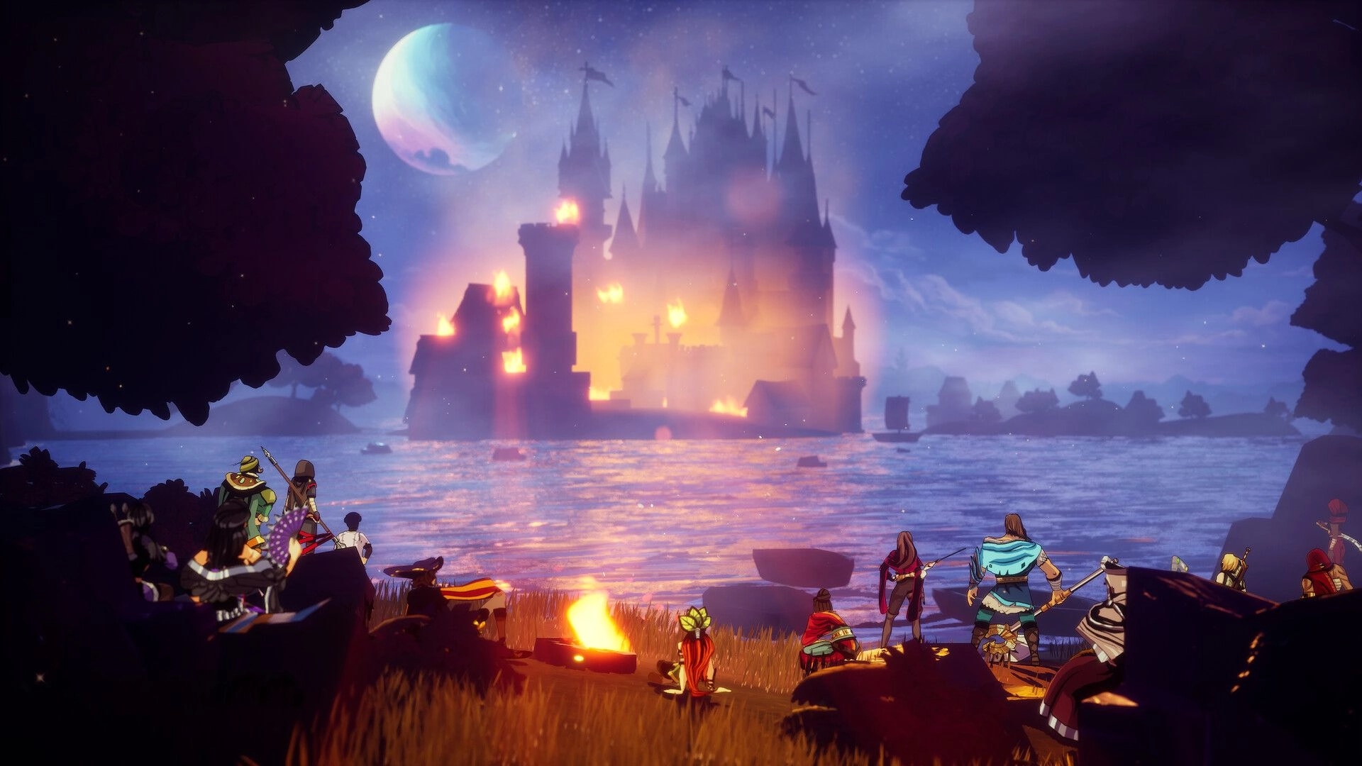 Calame: Party watches a burning castle across moonlit water from a campfire on the shore at night.