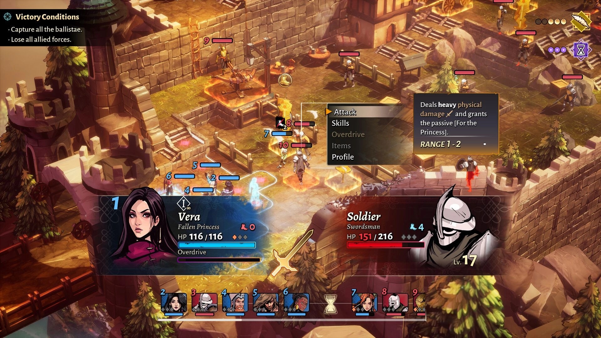 Calame: Vera targets a soldier with Attack menu open in a castle courtyard tactical battle map.