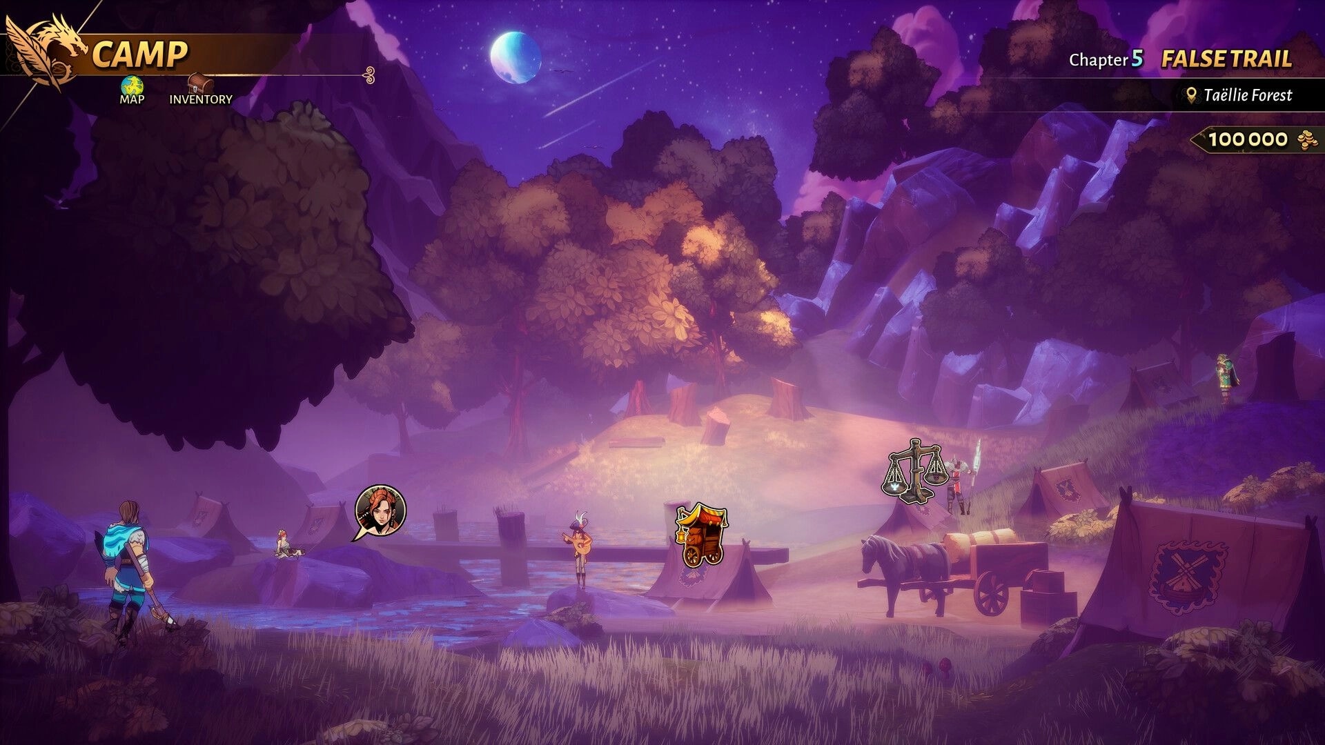 Calame: Camp hub with map and inventory icons beside tents, river, and wagon in moonlit forest.