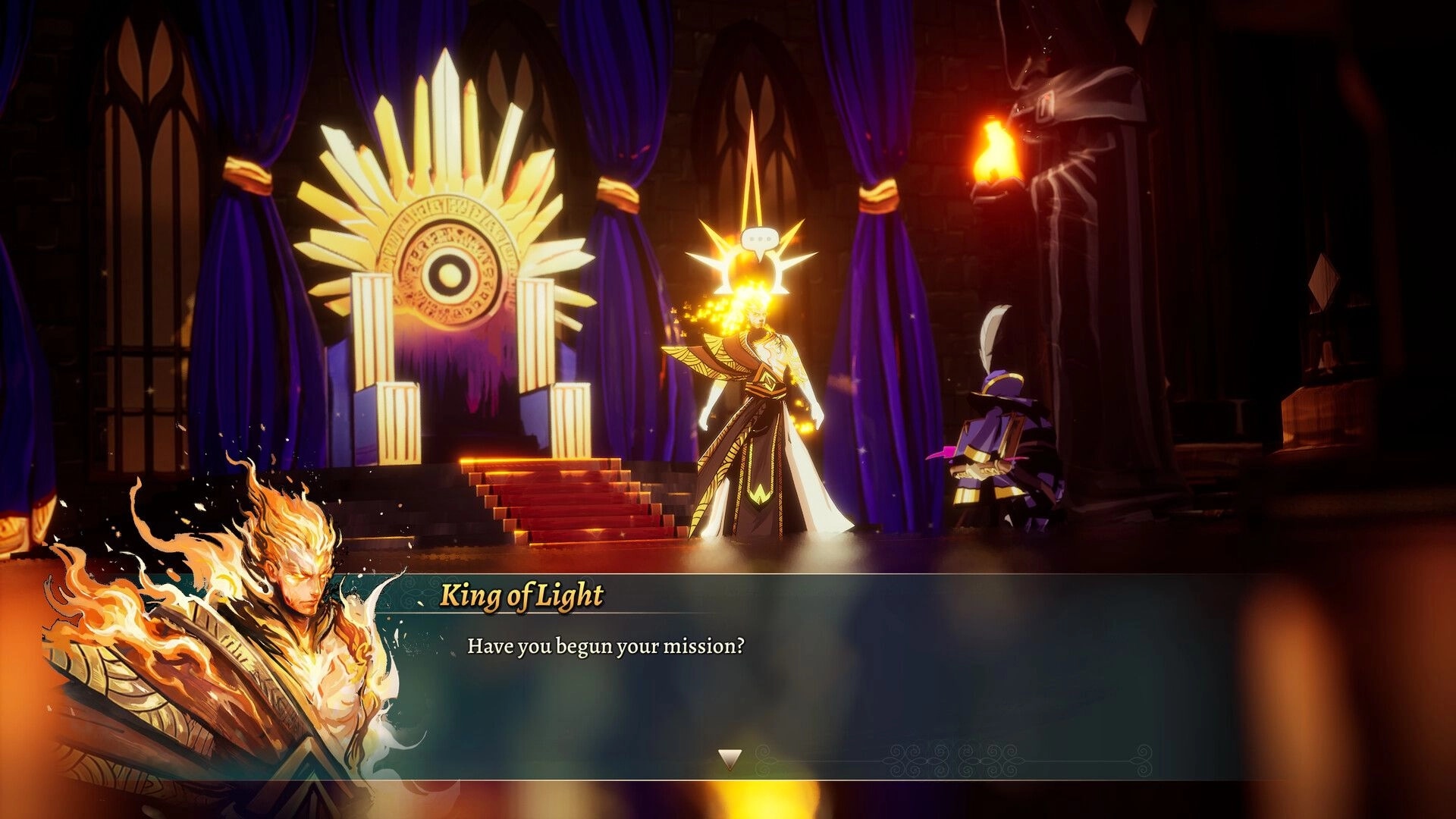 Calame: Dialogue with King of Light before a radiant throne in a dark hall with purple curtains UI panel.