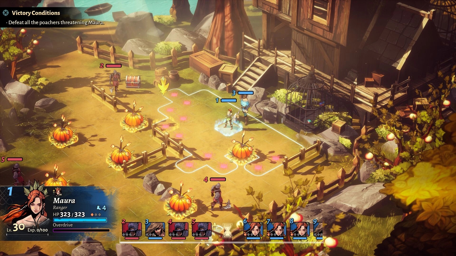 Calame: Maura the ranger in turn-based battle on a farm map with pumpkins, fences, and enemies UI.