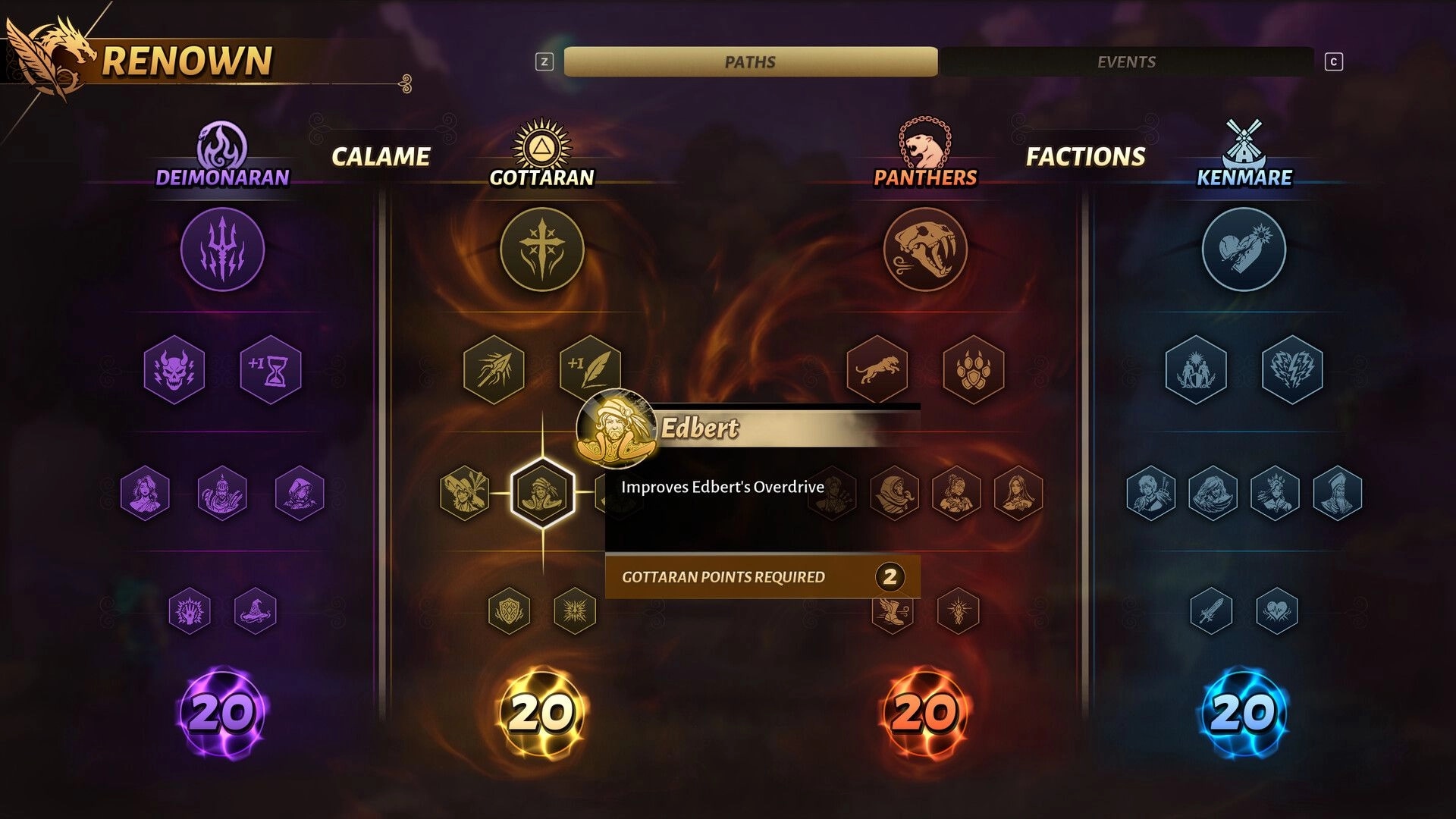 Calame: Renown Paths screen with faction skill trees and Edbert tooltip over the Gottaran track.