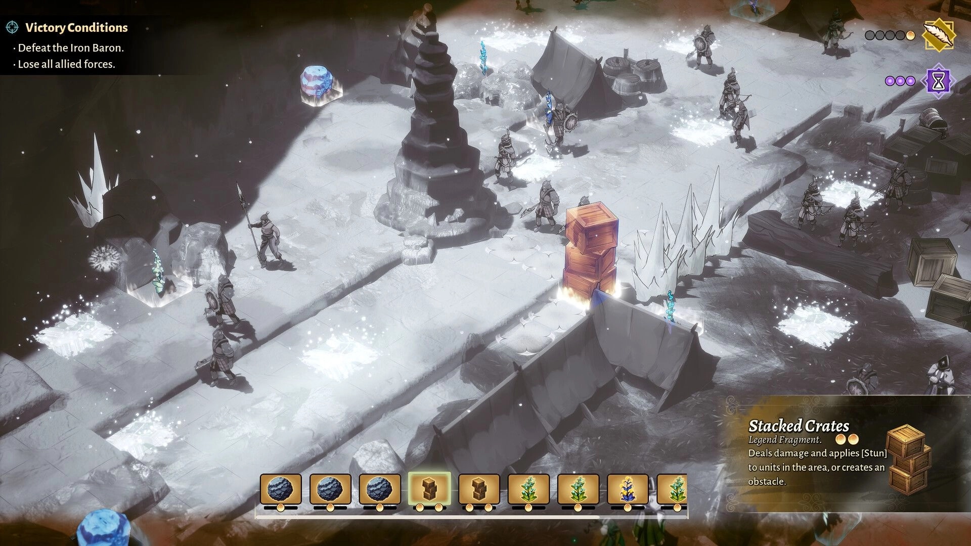 Calame: Tactical battle map with soldiers, ice spikes and crates, Victory Conditions in snowy camp.