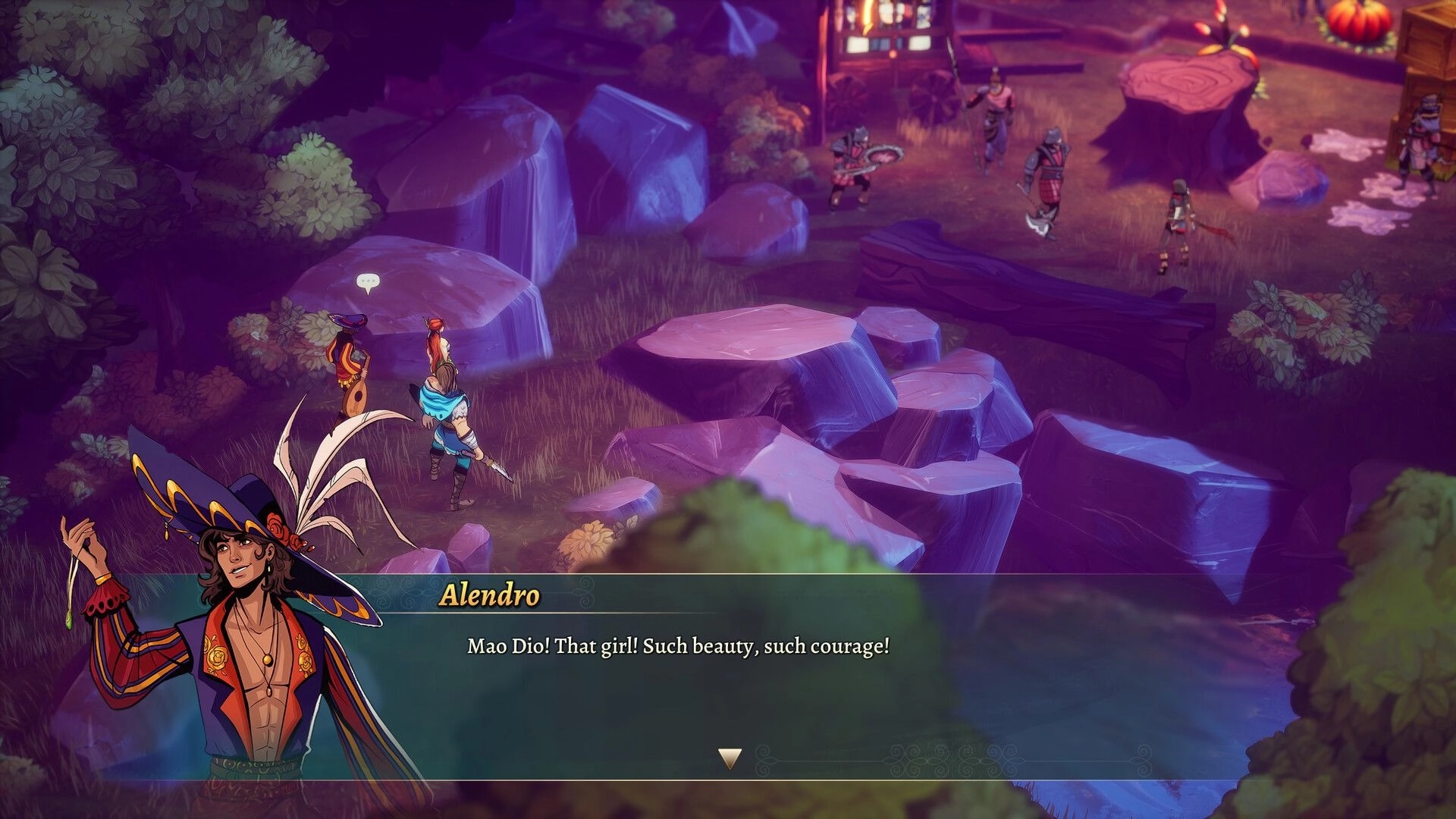 Calame: Dialogue with Alendro as heroes face bandits among boulders near a torchlit camp.