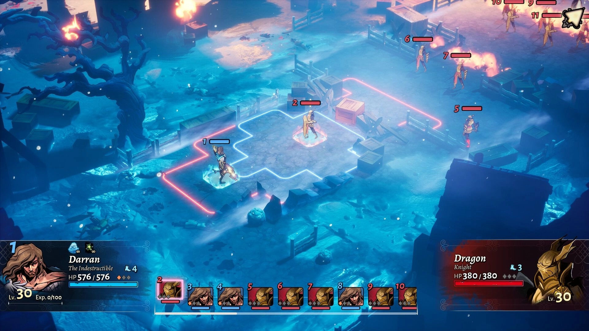 Calame: Darran and Dragon Knight face off on a snowy grid battlefield with turn order UI and HP bars.