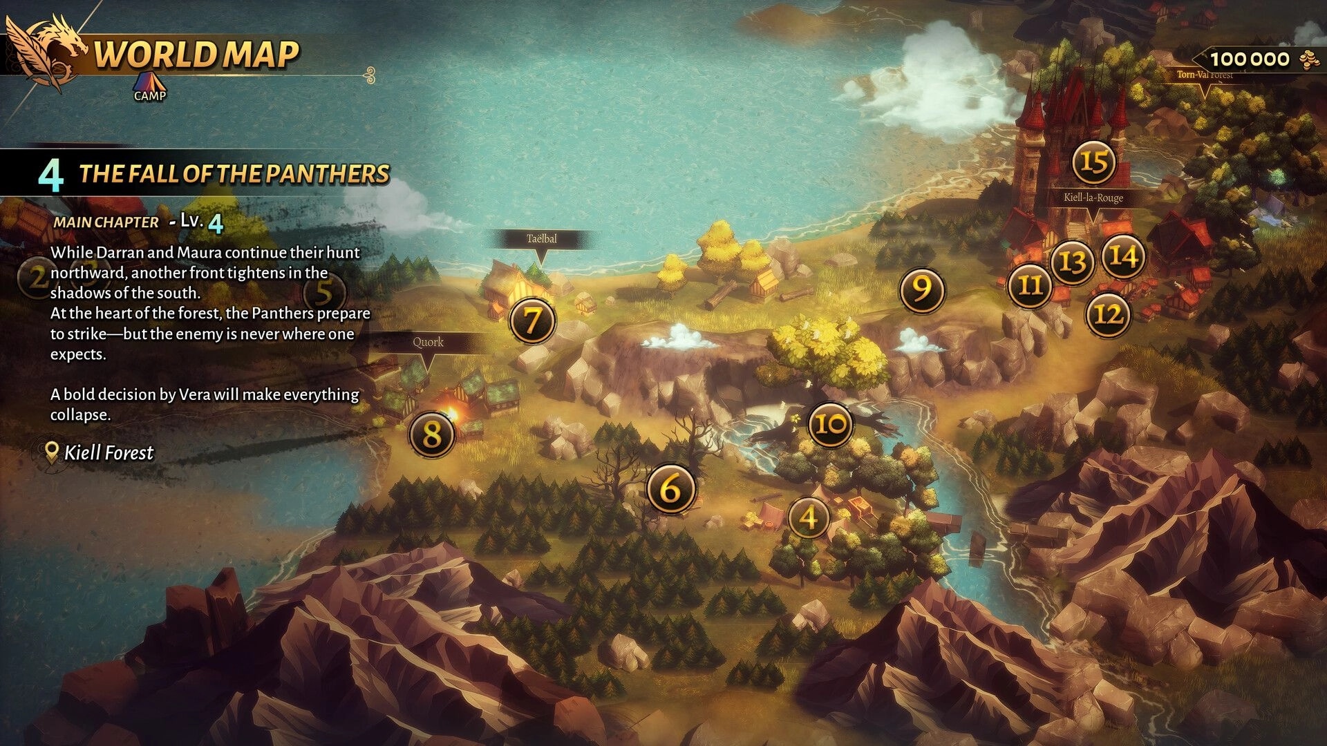 Calame: World map chapter 4 screen with numbered nodes and quest text over forested coastline region.