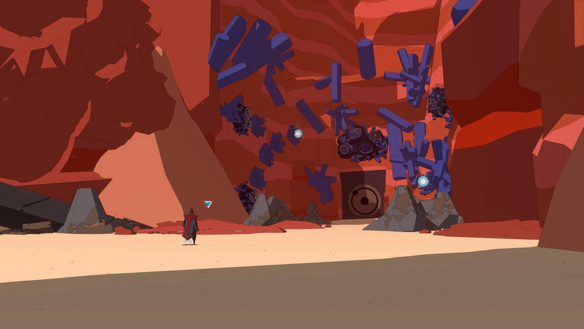 CALX: Cloaked Seeker faces floating blue debris and drone clusters in a red canyon arena.
