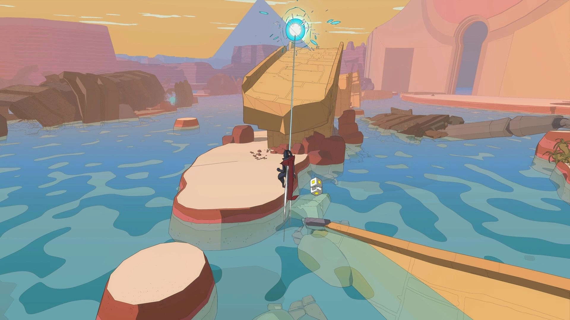 CALX: Seeker grapples up a ledge toward a glowing blue orb above flooded canyon ruins and platforms.
