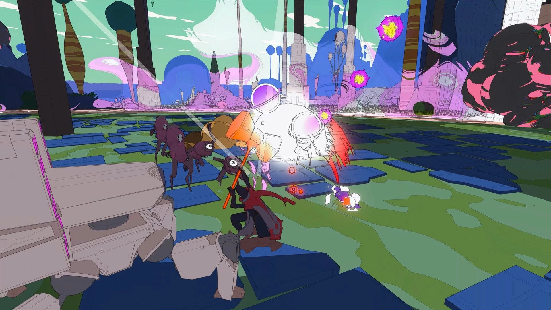 CALX: Player swings a staff at a glowing enemy amid purple creatures on a tiled alien plain.
