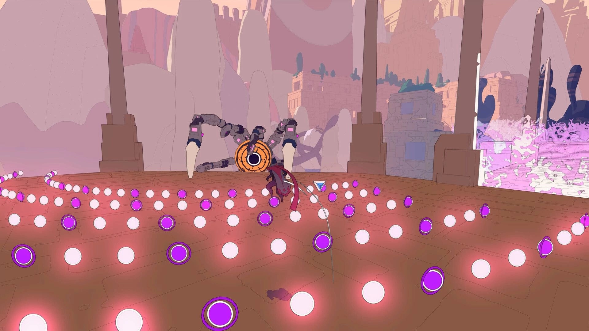 CALX: Seeker dodges dense purple and white bullet patterns against a spider mech in open ruins.