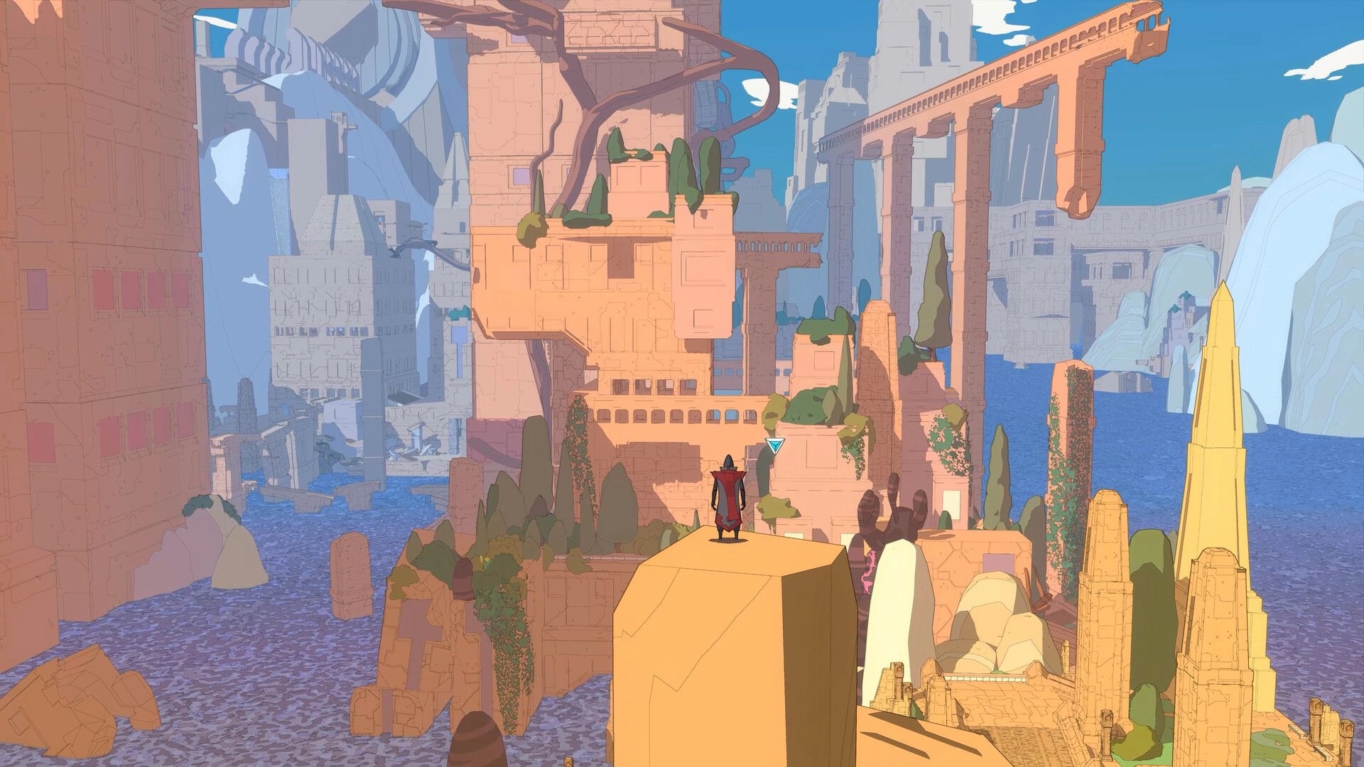 CALX: Seeker stands on a tall block overlooking ruined sandstone city and flooded blue canyons.