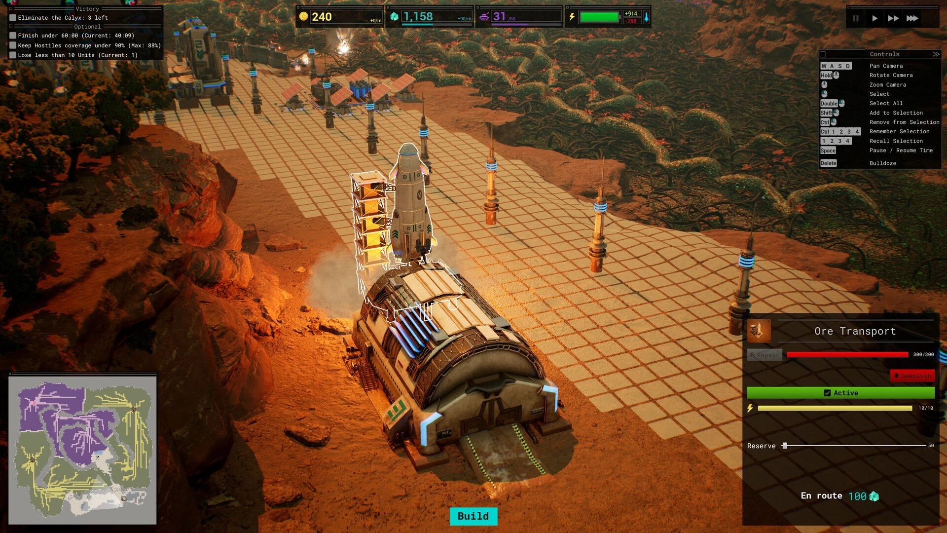 Calyx: Space mining base under construction with control panel, resource indicators, and terrain map.