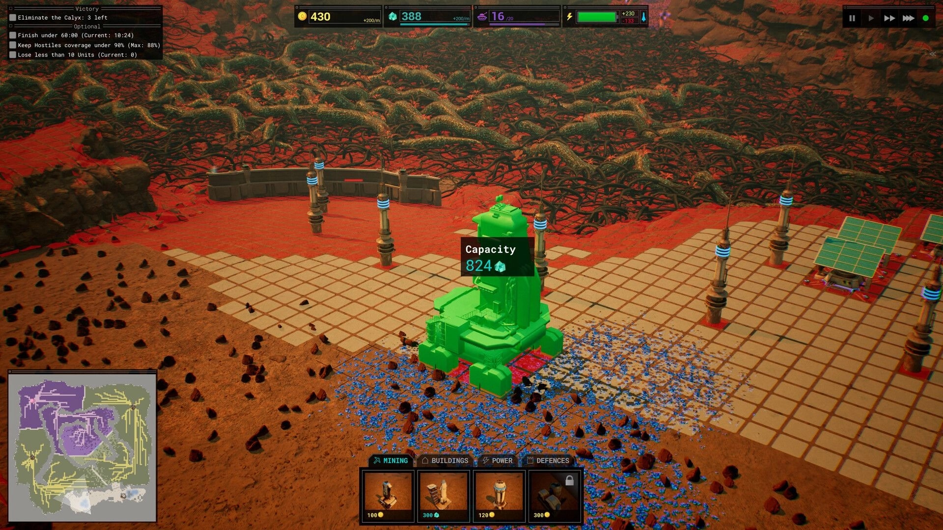 Calyx: Base building interface with resource stats, alien terrain, and defensive structures on display