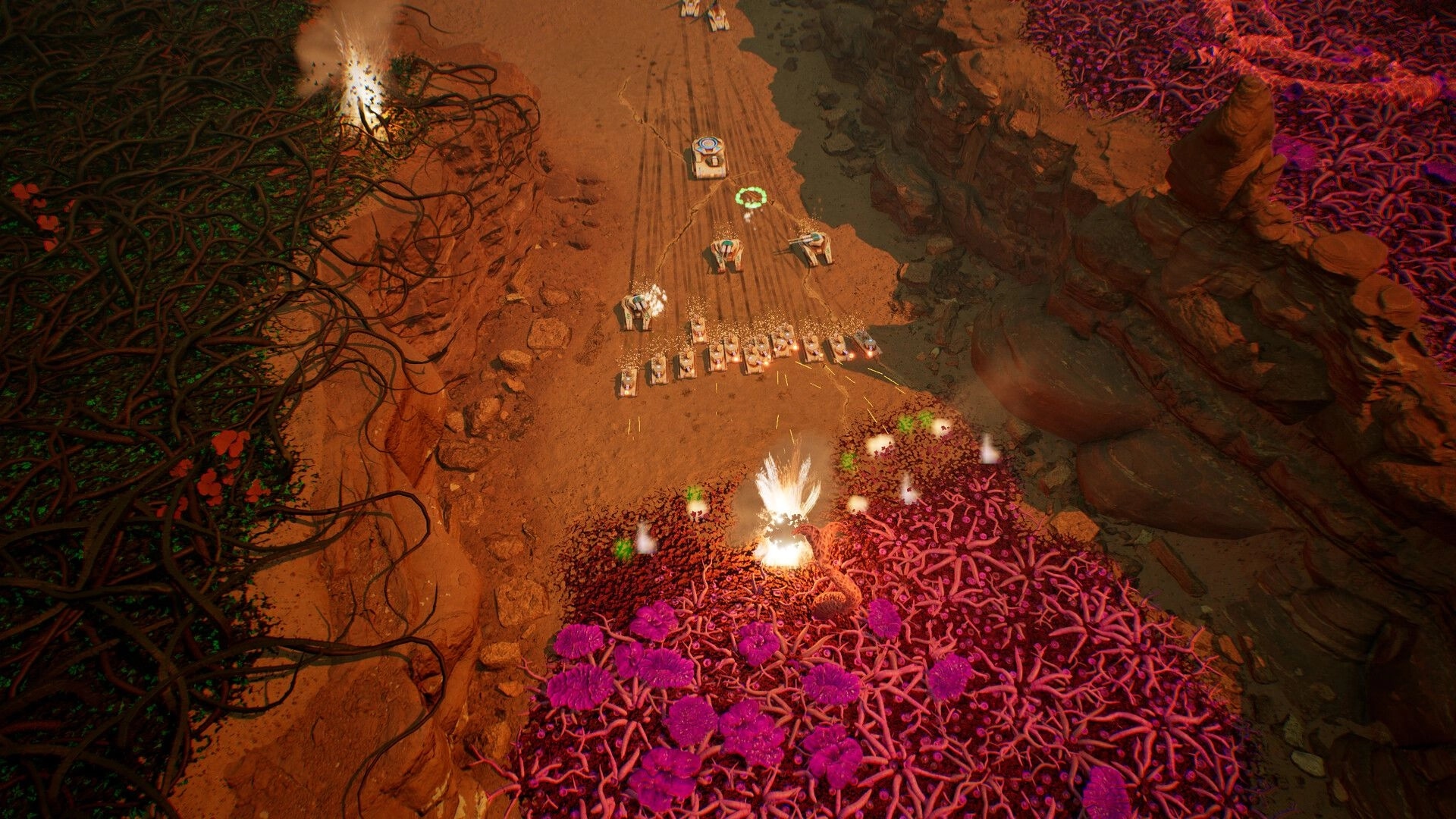 Calyx: Player's forces advancing through alien-infested canyon, confronting vibrant organic terrain