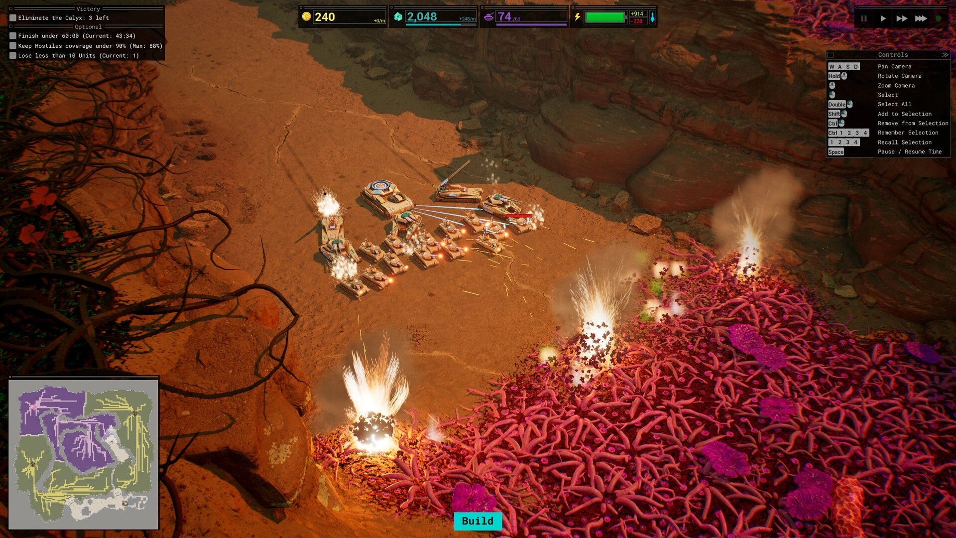 Calyx: Tank units engage alien organisms in desert terrain, with mission objectives and controls displayed.