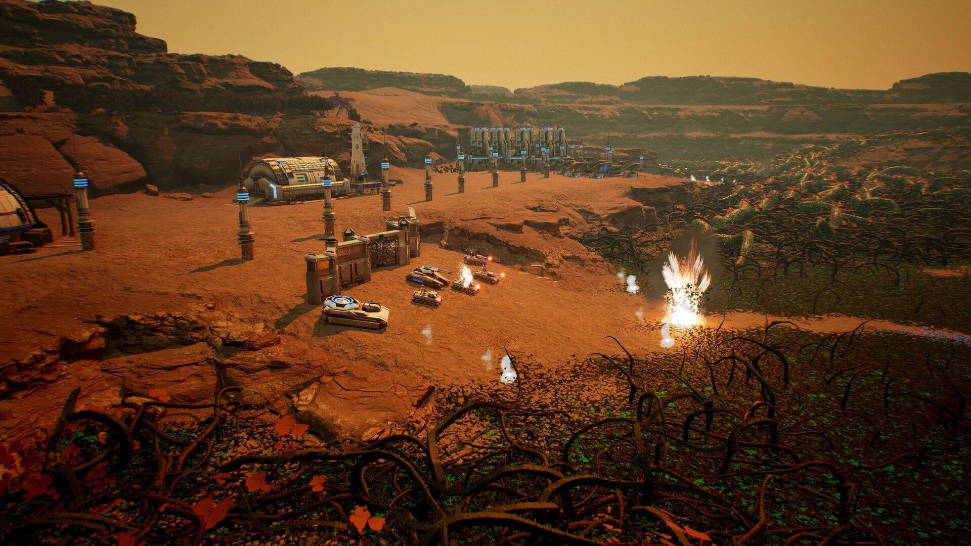 Calyx: Armored vehicles defend space mining outpost against alien organism in a barren, rocky landscape.