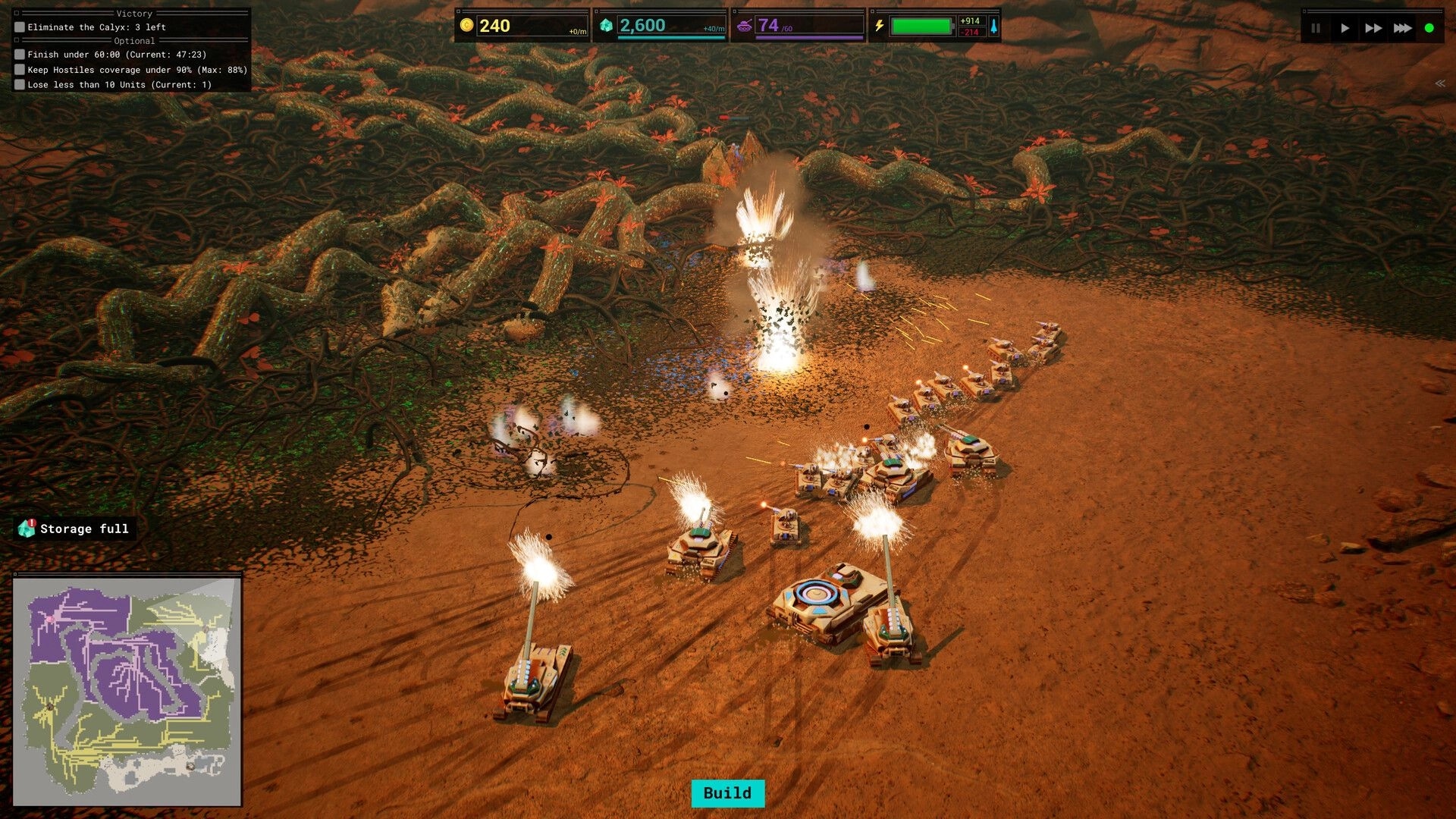 Calyx: Tanks engage alien organisms on barren terrain with resource map and objectives in the interface.