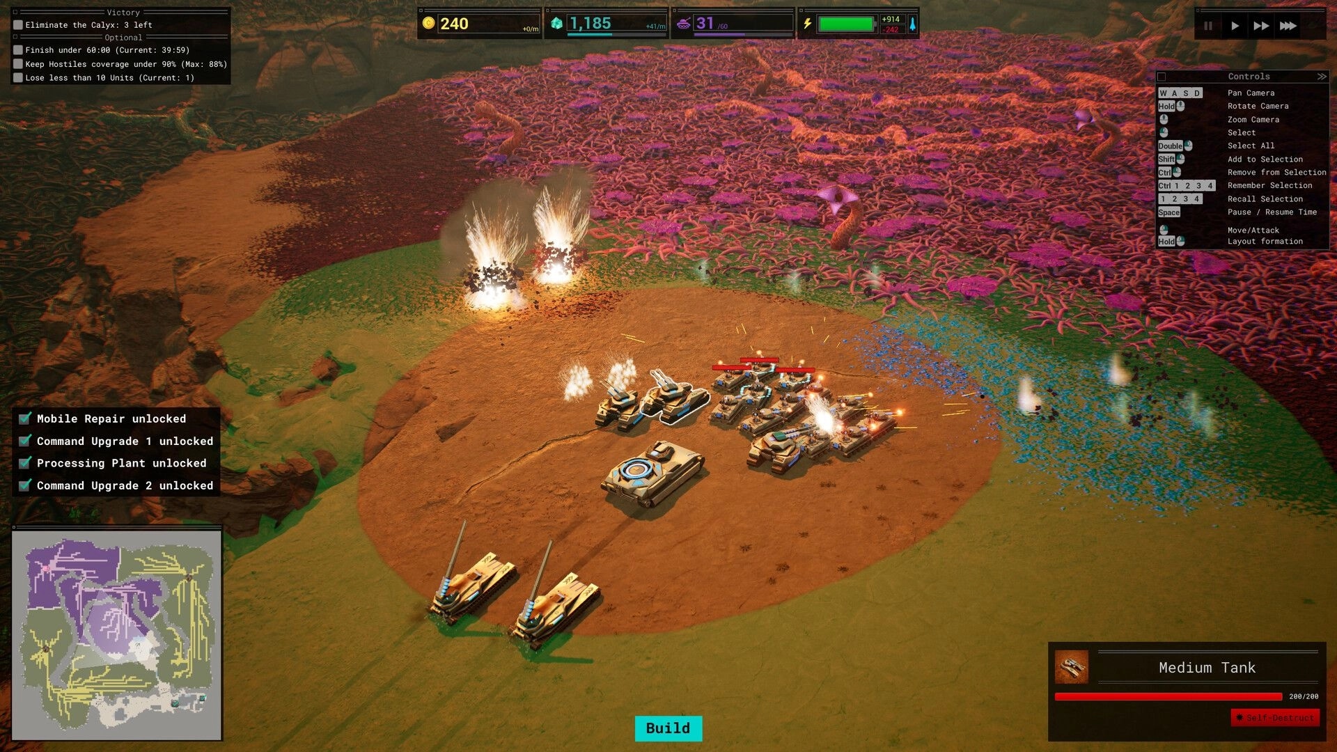 Calyx: Tanks engage alien terrain as explosions erupt, with resource and control panels visible.
