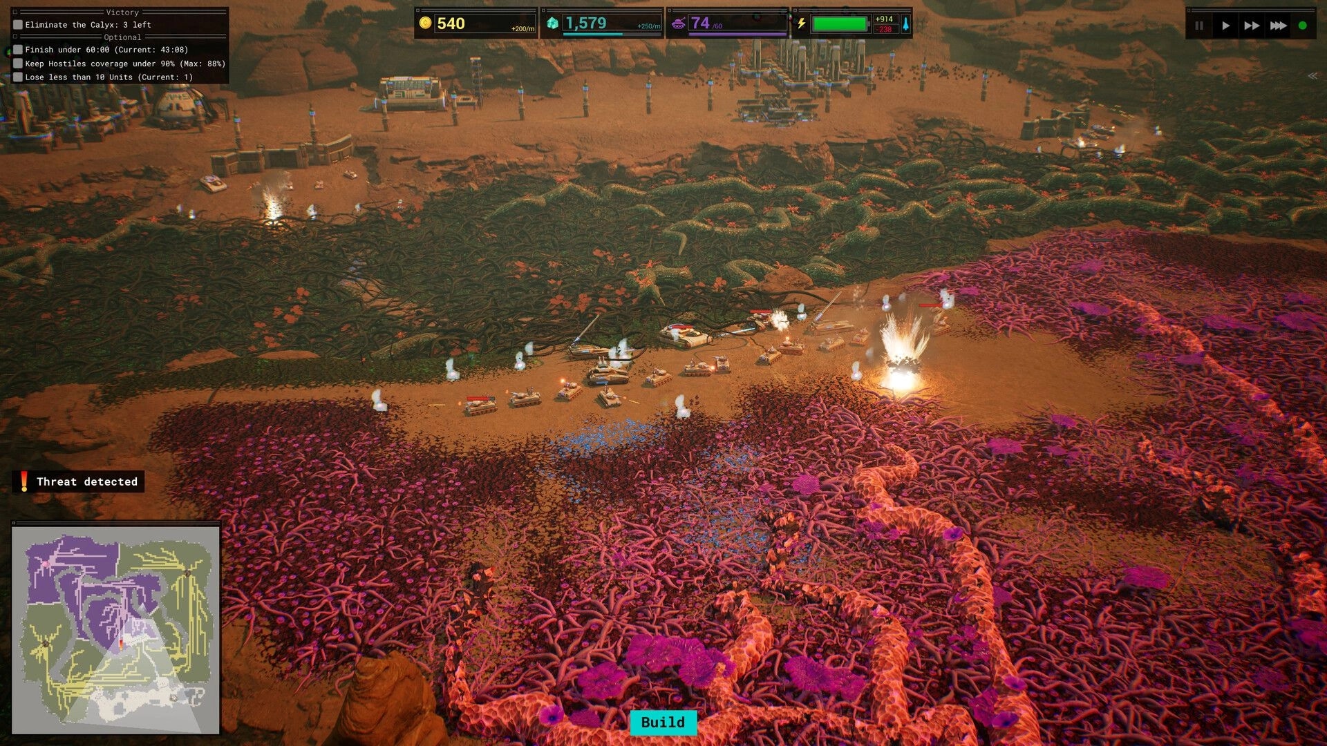 Calyx: Armored units advance on alien terrain with threat detected, displaying map and resource bars