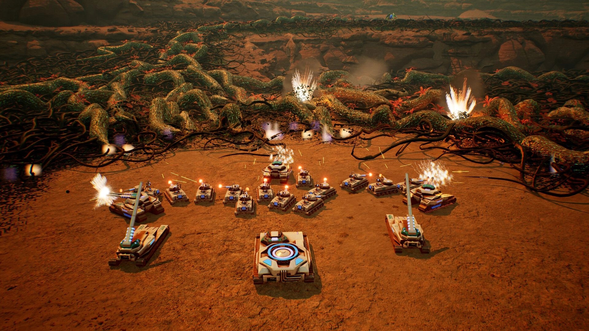 Calyx: Tanks engage alien vines in a desert battlefield, explosions and gunfire illuminate the scene.