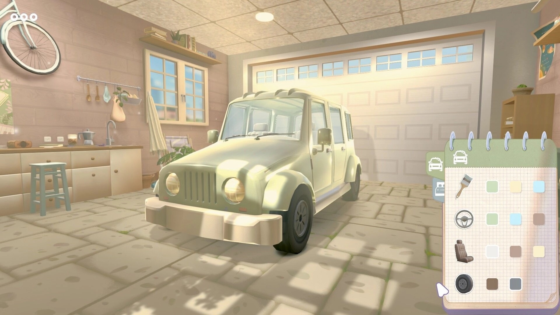 Camper Van: Interior garage setting with a customizable van and design menu on the right side of the screen