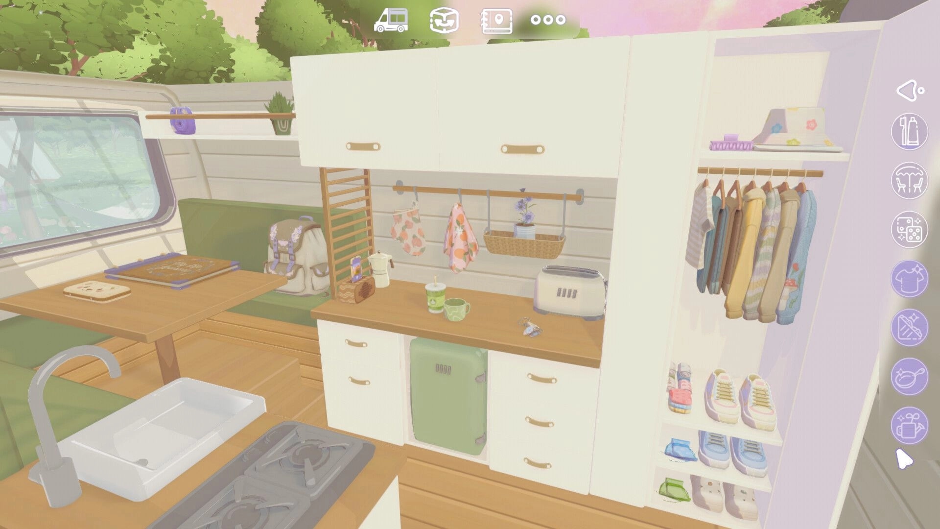 Camper Van: Cozy interior with kitchenette, seating, wardrobe, and overhead storage in a forest setting