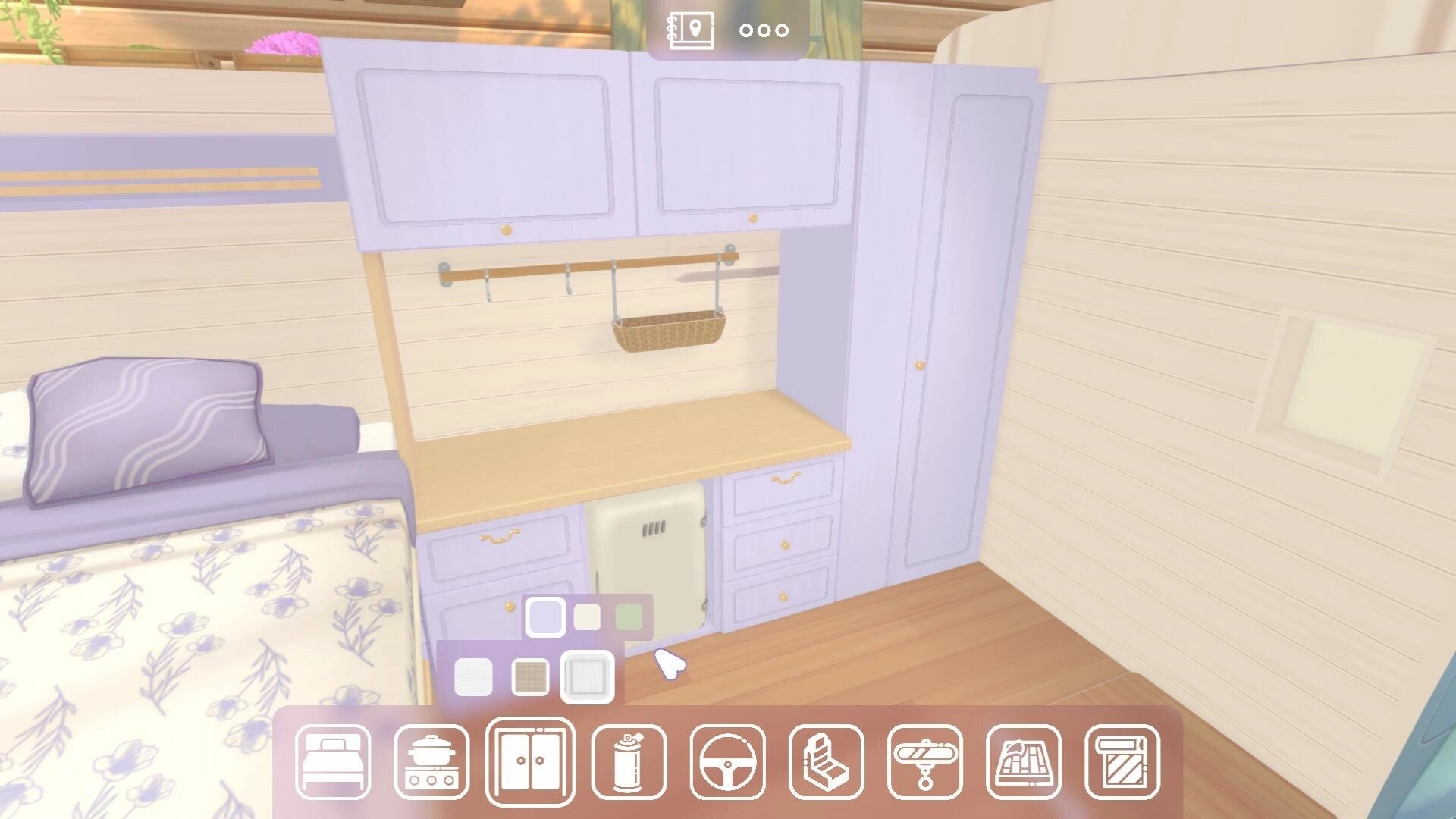 Camper Van: Interior design interface with purple cabinets and bed, UI panel for decoration options