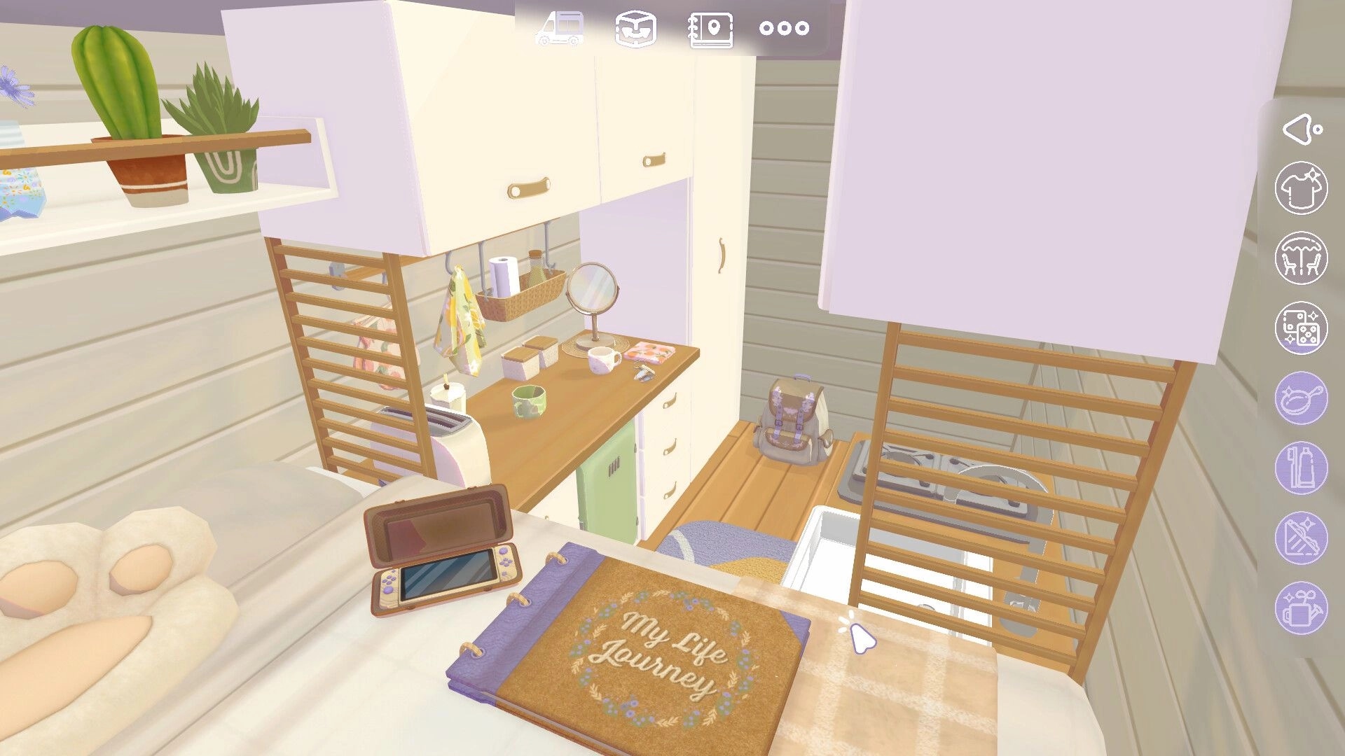 Camper Van: Cozy interior with a wooden ladder, bookshelf, and a journal titled "My Life Journey" on bed