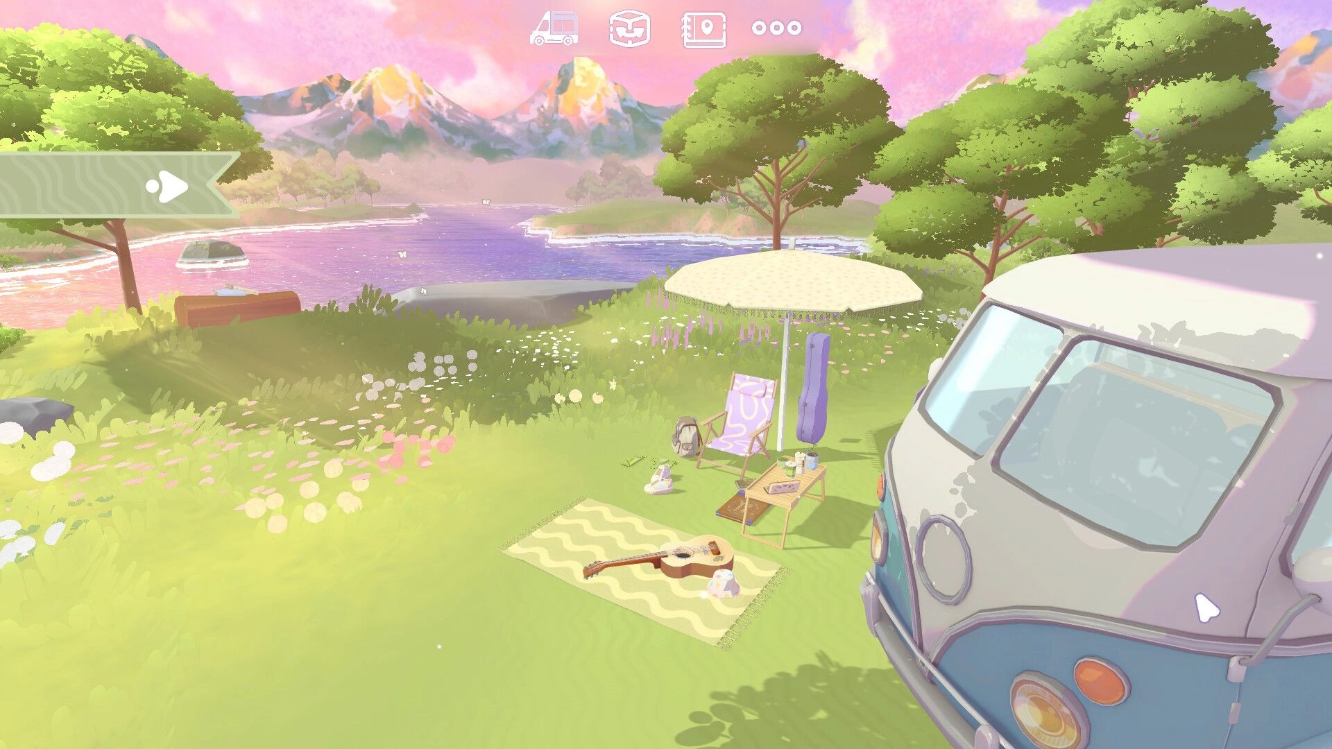Camper Van: Scenic lakeside view with camper van, picnic setup, and mountains in vibrant sunset colors.