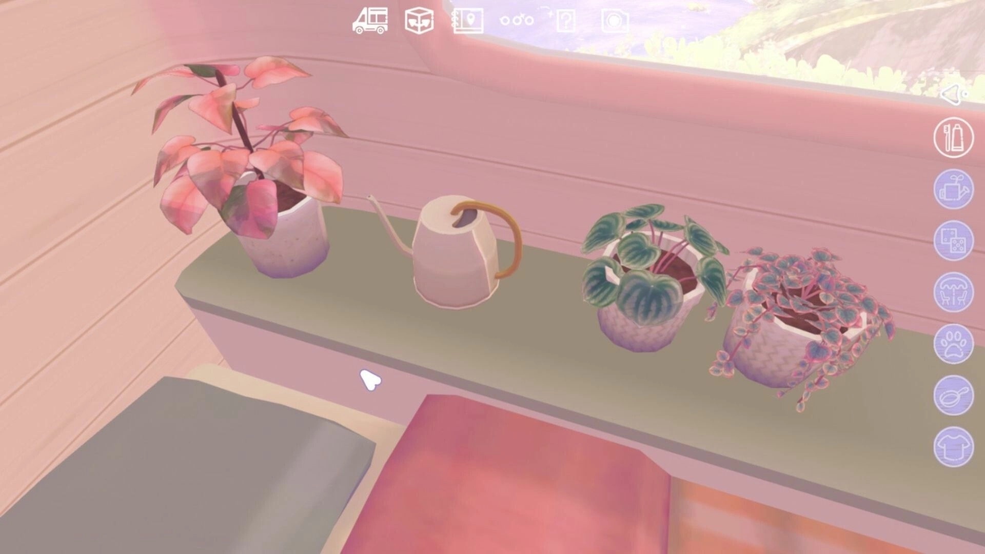 Camper Van: Three potted plants and a watering can on a shelf with a scenic view through the window