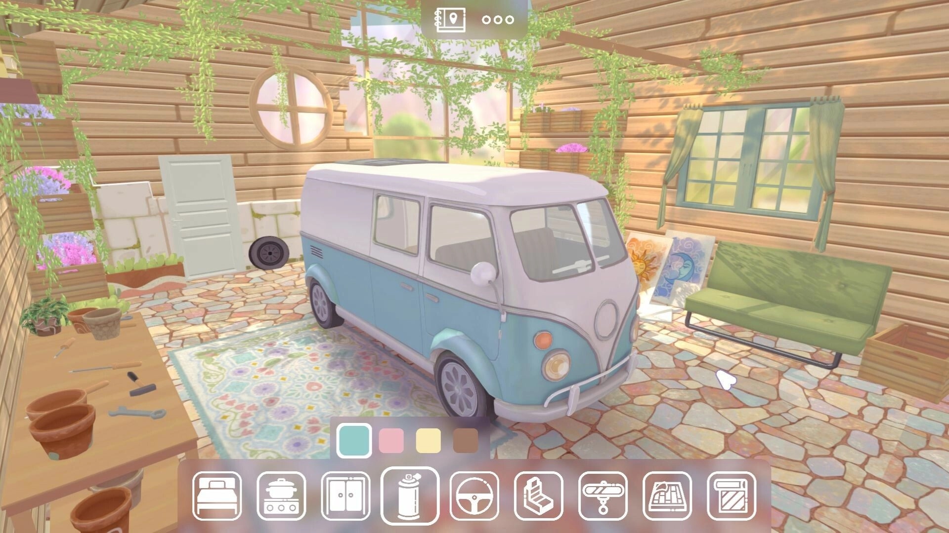 Camper Van: A cozy interior with a blue camper van, wooden walls, plants, and a tool UI at the bottom.