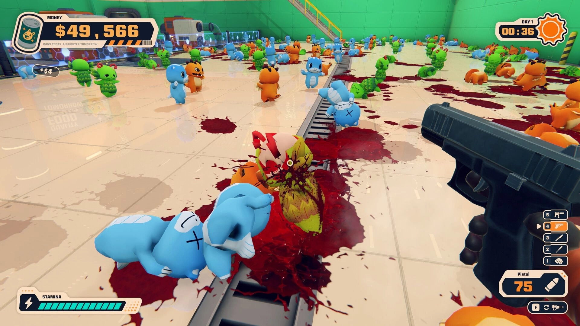 Can 'Em All: Pistol aimed over bloody factory floor with many cute creatures and money timer UI.