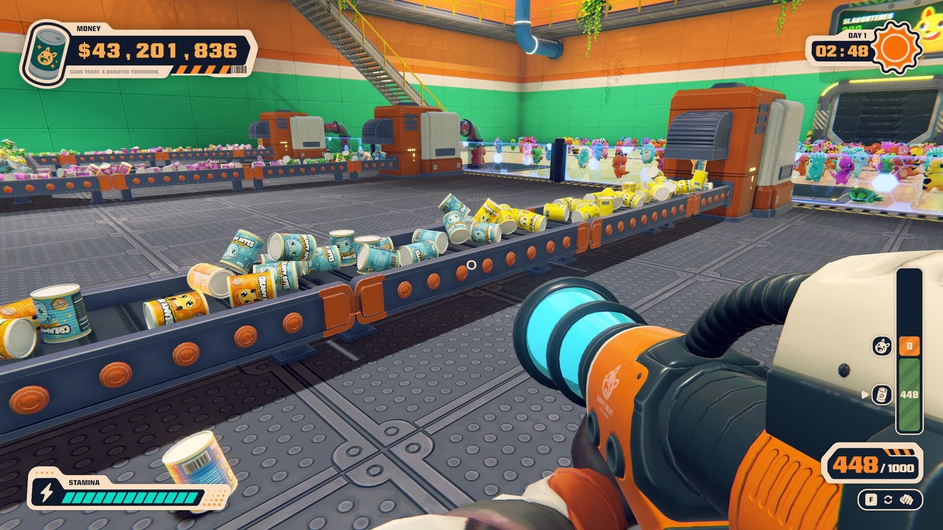 Can 'Em All: First-person view aiming can blaster at conveyors of canned critters in factory floor.