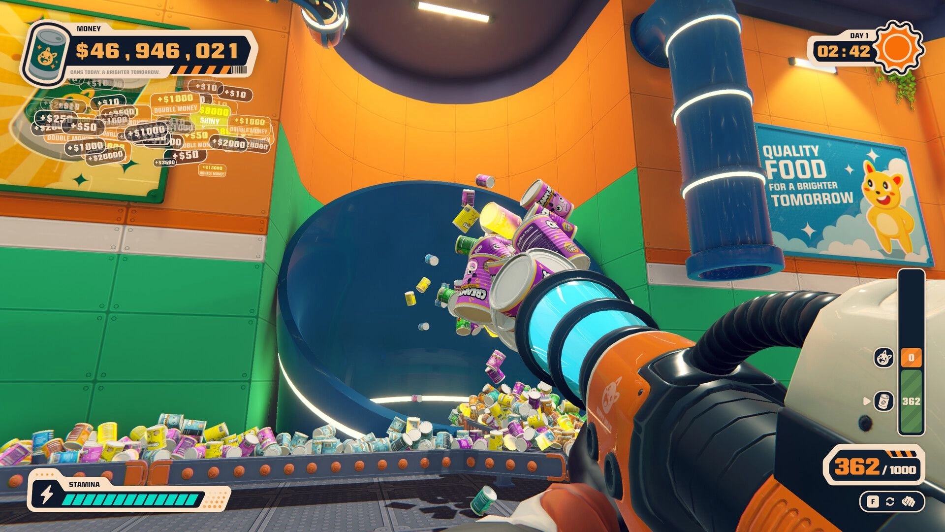 Can 'Em All: Vacuuming piles of colorful cans into a factory hopper with money and timer UI visible.