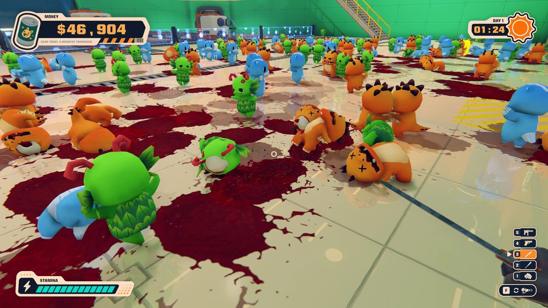 Can 'Em All: Crowded creature arena with bloodstained floor, money counter and day timer UI visible.
