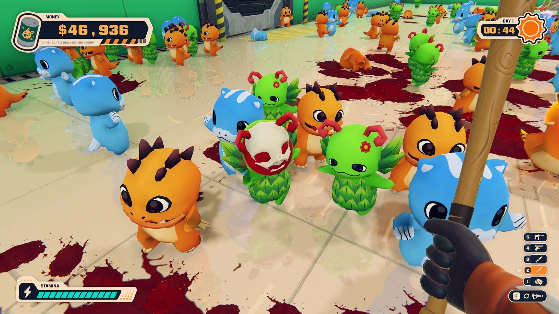Can 'Em All: First-person bat raised amid cute creatures in factory room, money and day timer UI.