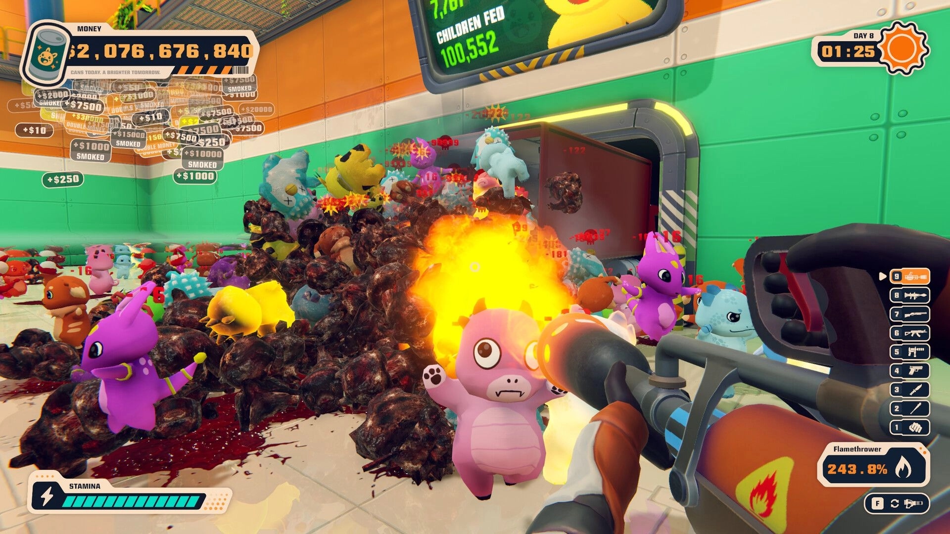 Can 'Em All: Flamethrower blasting cute creatures amid piles of bodies in a bright factory room UI visible.