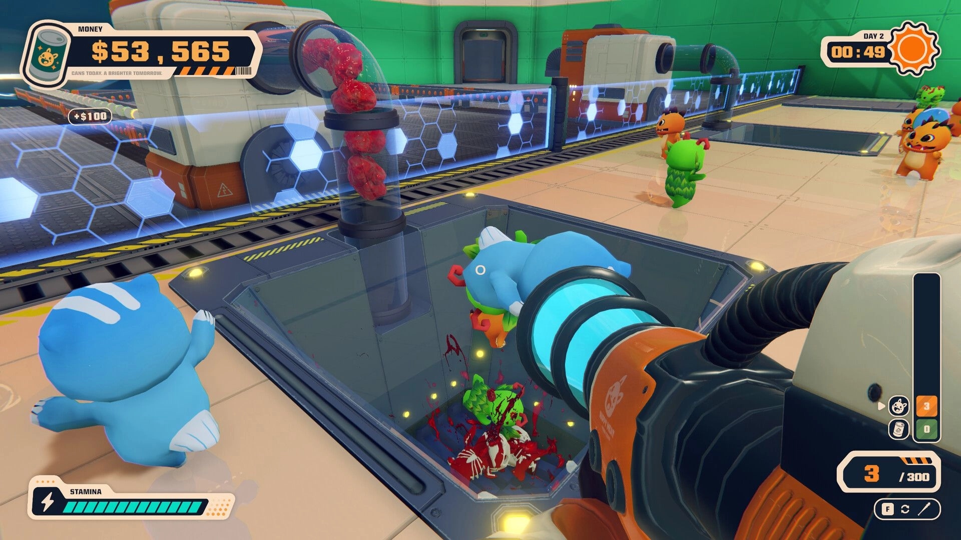Can 'Em All: Vacuum gun collecting creature bodies into a pit beside conveyor machines in factory lab.